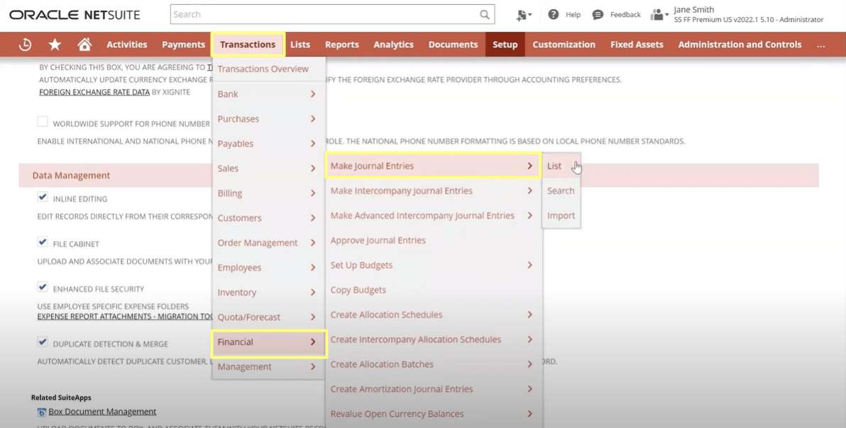 access list of journal entries