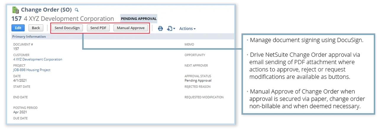 Track and approve construction change orders in NetSuite with status updates, email workflows, and document routing through DocuSign.