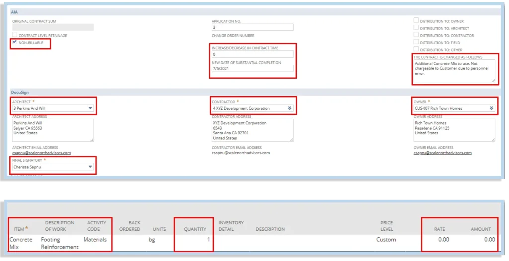 NetSuite construction change order management system with DocuSign integration, AIA output, and centralized tracking for project and sales order changes.