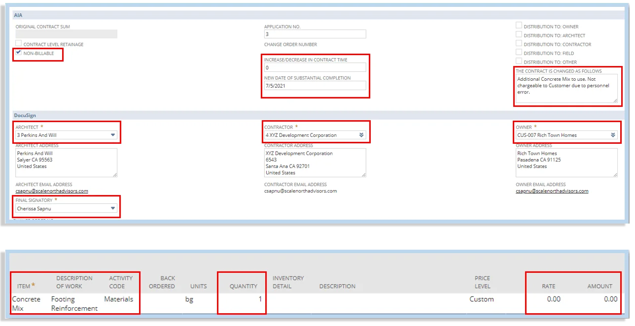 NetSuite construction change order management system with DocuSign integration, AIA output, and centralized tracking for project and sales order changes.