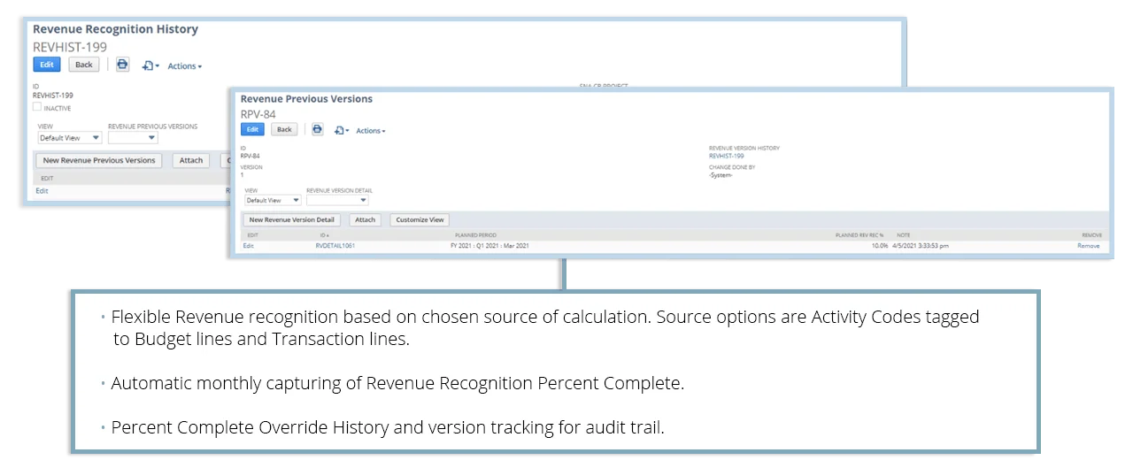 NetSuite construction tools for managing retainage and automating revenue recognition using percent complete and activity codes.